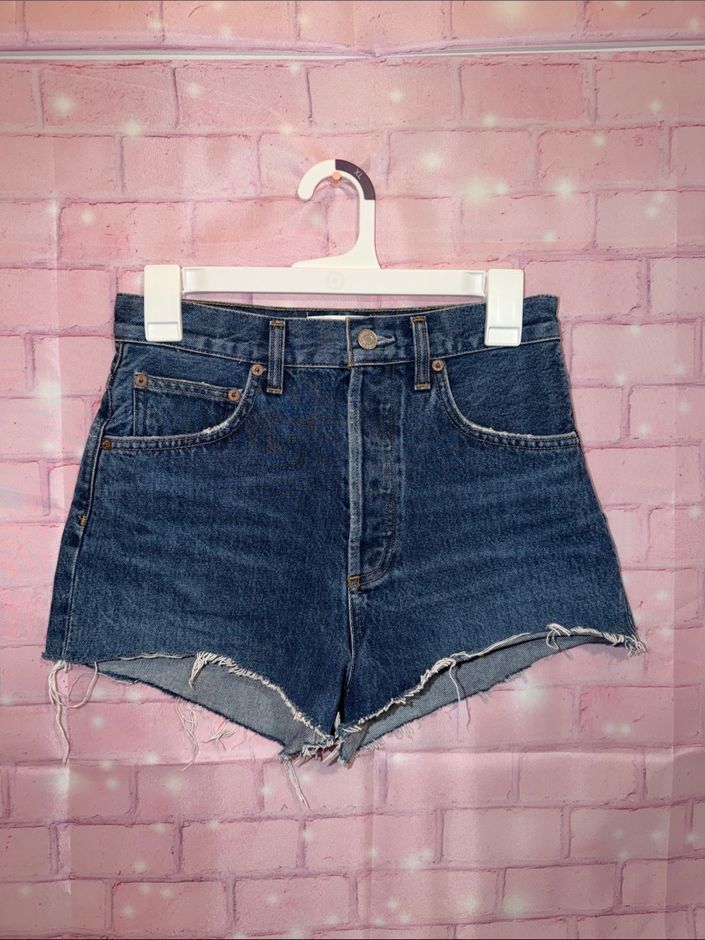 Agolde Dark Blue High-Rise Frayed Denim Shorts